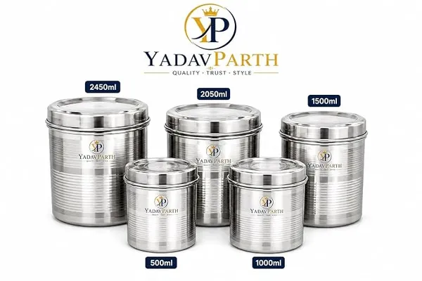 Stainless Steel Storage Container Set with Lids, Food Storage Jars for Kitchen, Dry Fruits, Spices, Pulses, Rice, Snacks & Pantry Organization, Silver, Set of 5