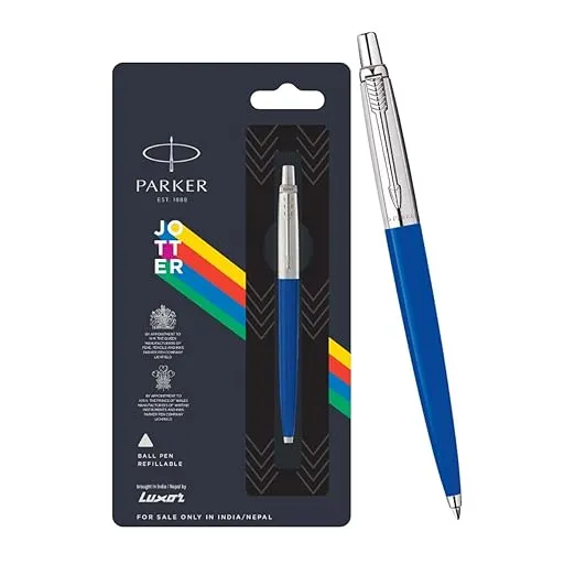 Parker Jotter Standard Chrome Trim Ballpoint Pen | Ink Color Blue | Blue Body Color | Designed for Students, Writers, and Professionals