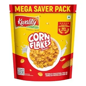 Kwality Corn Flakes 800g | Made with Golden Corns | 99% Fat Free, Natural Source of Vitamin & Iron | High in Protein & Fiber | Healthy Breakfast Cereal