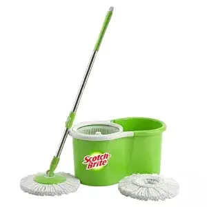 Scotch-Brite Twin Bucket Spin Mop with Easy Wring & Rinse System, 360° Adjustable Handle, High Absorbency Microfiber for Deep Cleaning on All Floor Types, 1 Extra Refill (Green)