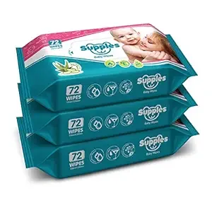 Amazon Brand - Supples Baby Wet Wipes | 216 Wipes | 72 Wipes x 3 Packs | Enriched With Aloe Vera and Vitamin E | Alcohol-free and Paraben-free | Pure Water-Based Formulation