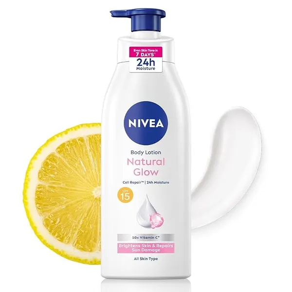 NIVEA Natural Glow Cell Repair Body Lotion with SPF 15 And UV A & B Filters | 50X Vitamin C | 24H Hydration | Even Skin Tone in 7 Days | Brightens Skin and Repairs Sun Damage | Lightweight, Quick Absorbing, Non-Sticky Formula | For All Skin Types |